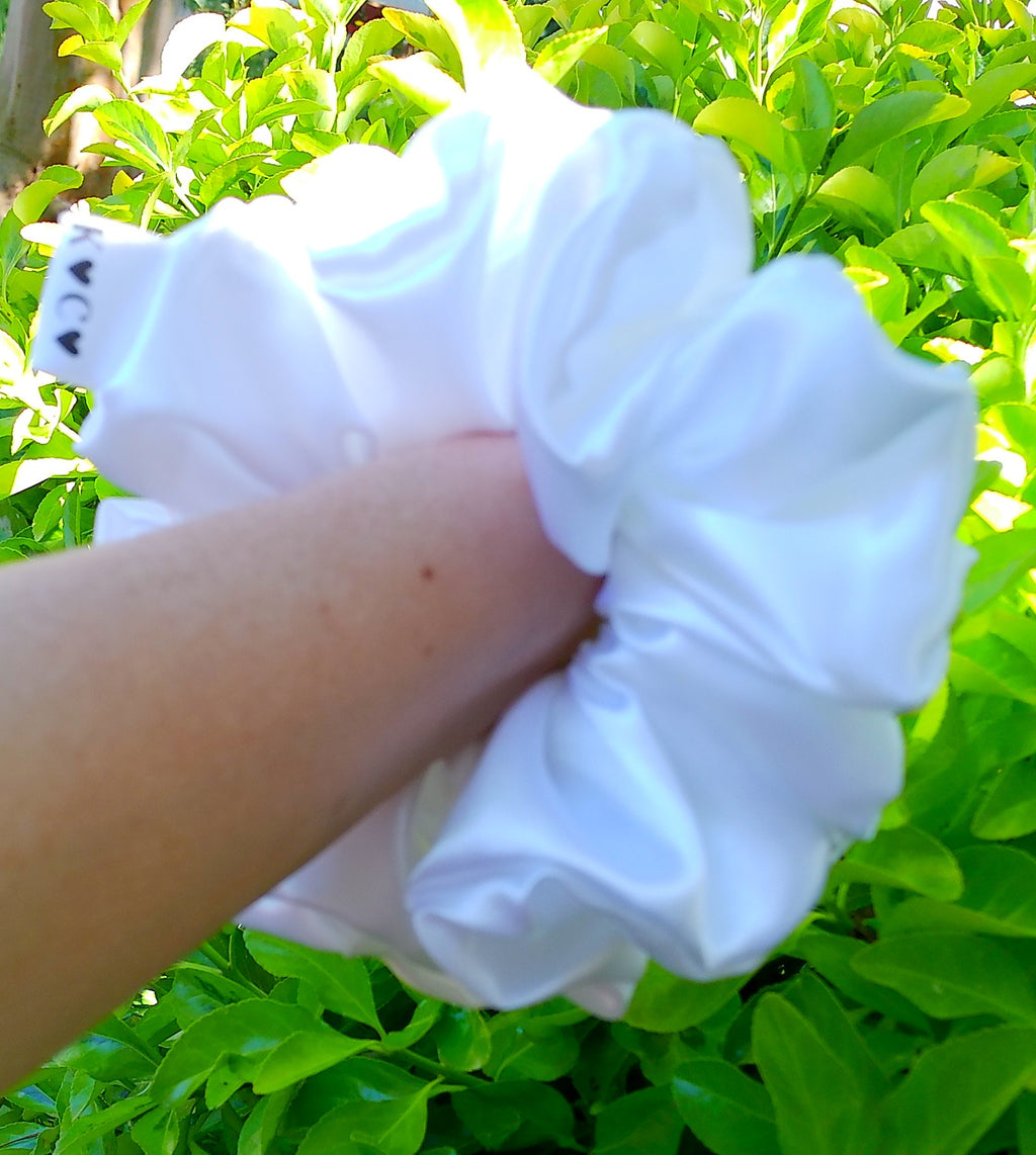 Snow Large Satin Scrunchie Oversized White Hair Tie Handmade Luxury Ponytail Holder Soft Hair Accessory