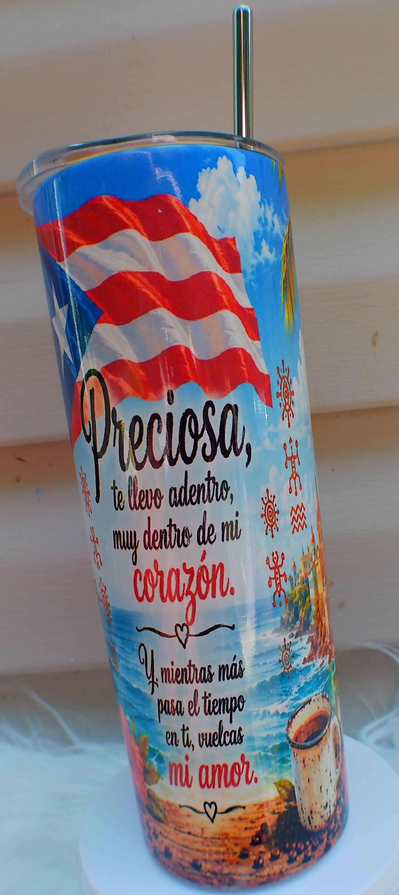 Preciosa Boricua Tumbler - close-up of Preciosa lyrics and Puerto Rican flag design by K.C. Scrunchies & More