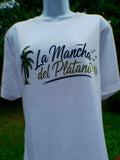 La Mancha del Plátano Boricua shirt - chest design with palm tree and sun, handmade by K.C. Scrunchies & More