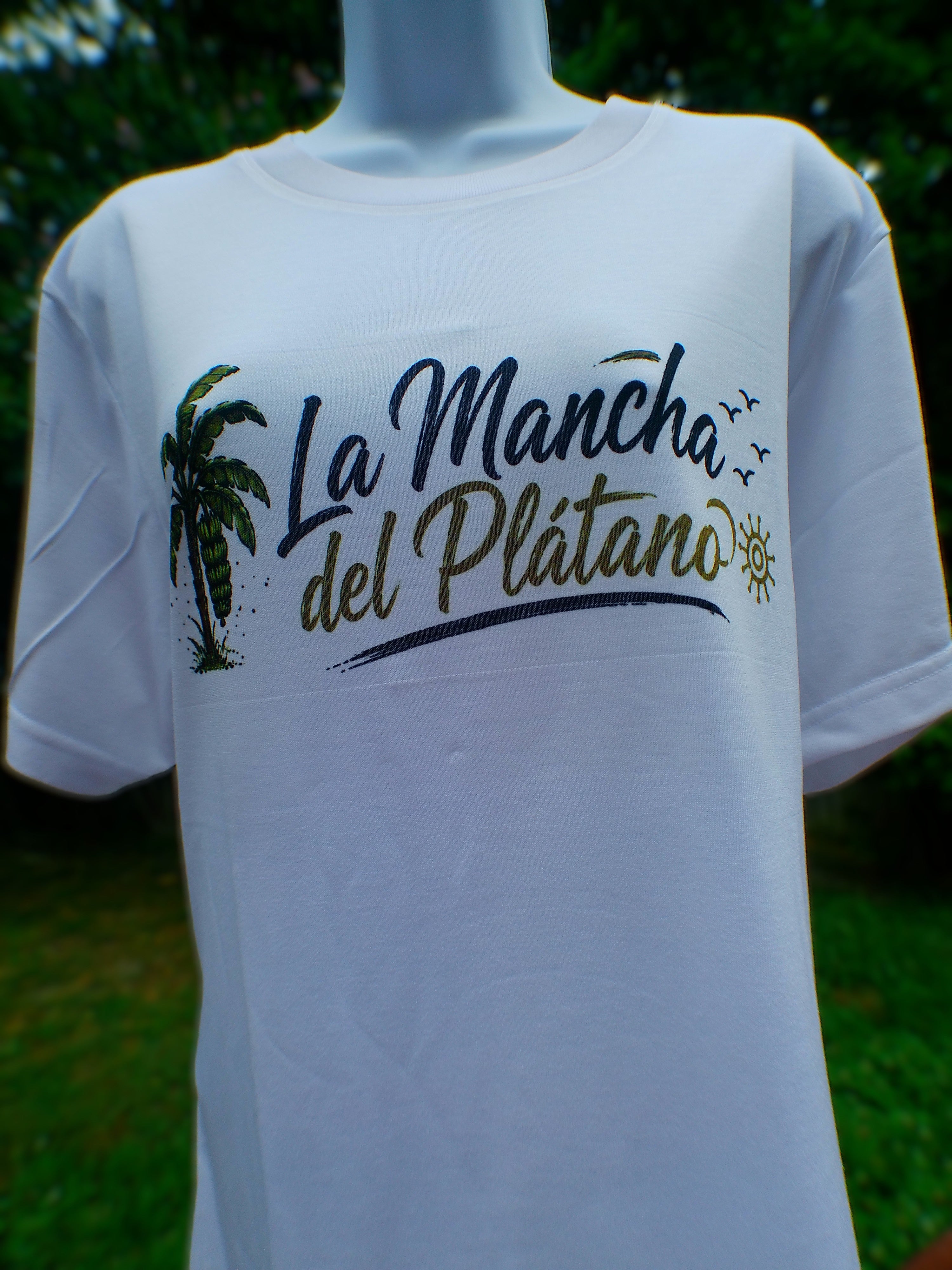 La Mancha del Plátano Boricua shirt - chest design with palm tree and sun, handmade by K.C. Scrunchies & More