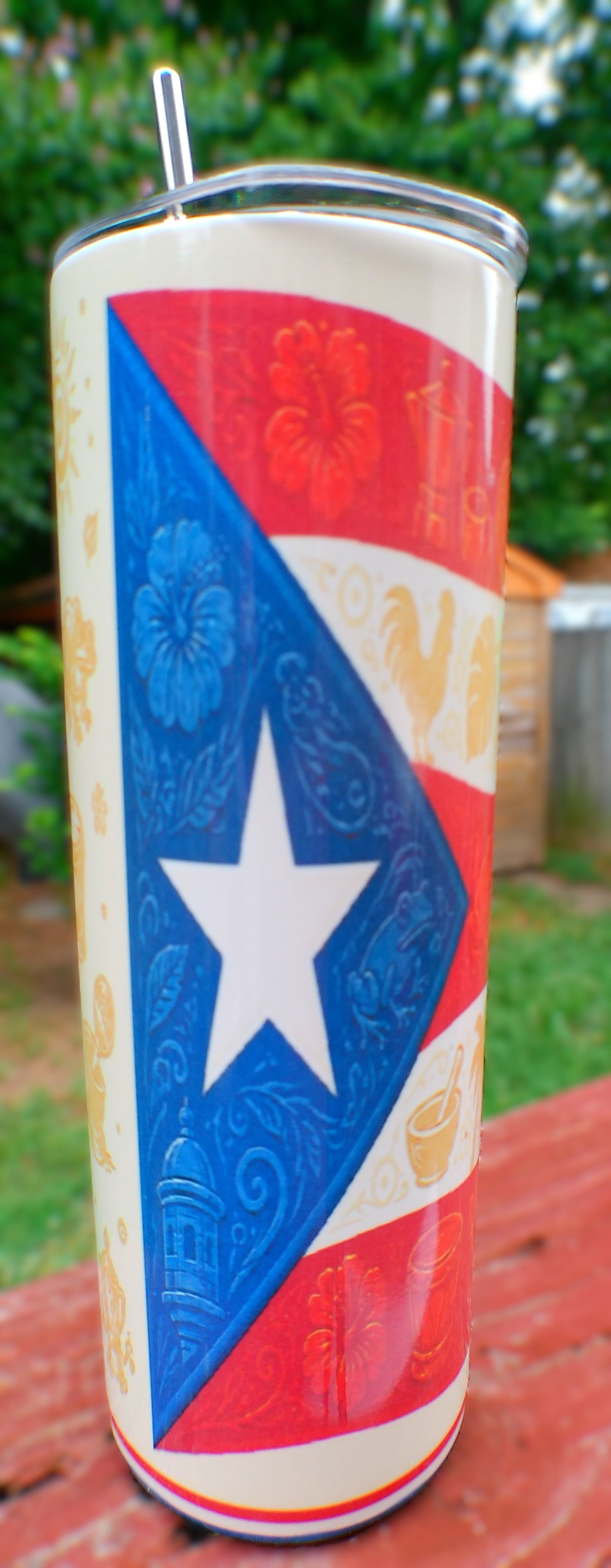 Puerto Rican Flag Tumbler - front view, Boricua-inspired sublimation design by K.C. Scrunchies & More