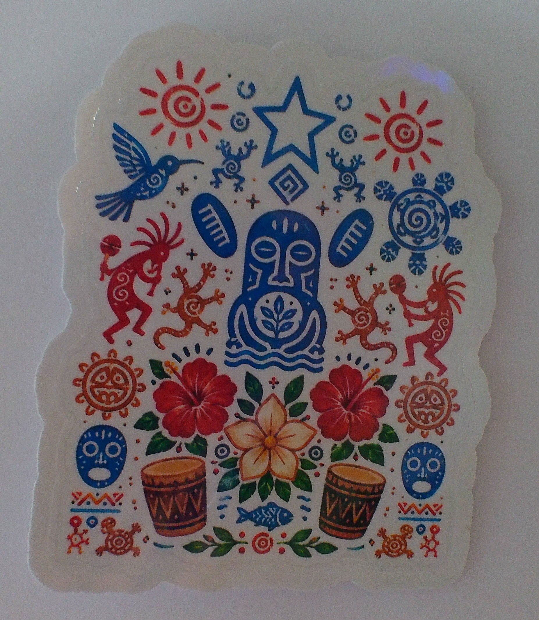 Taíno Heritage large holographic sticker - indigenous Taino symbols, hummingbird and hibiscus flowers