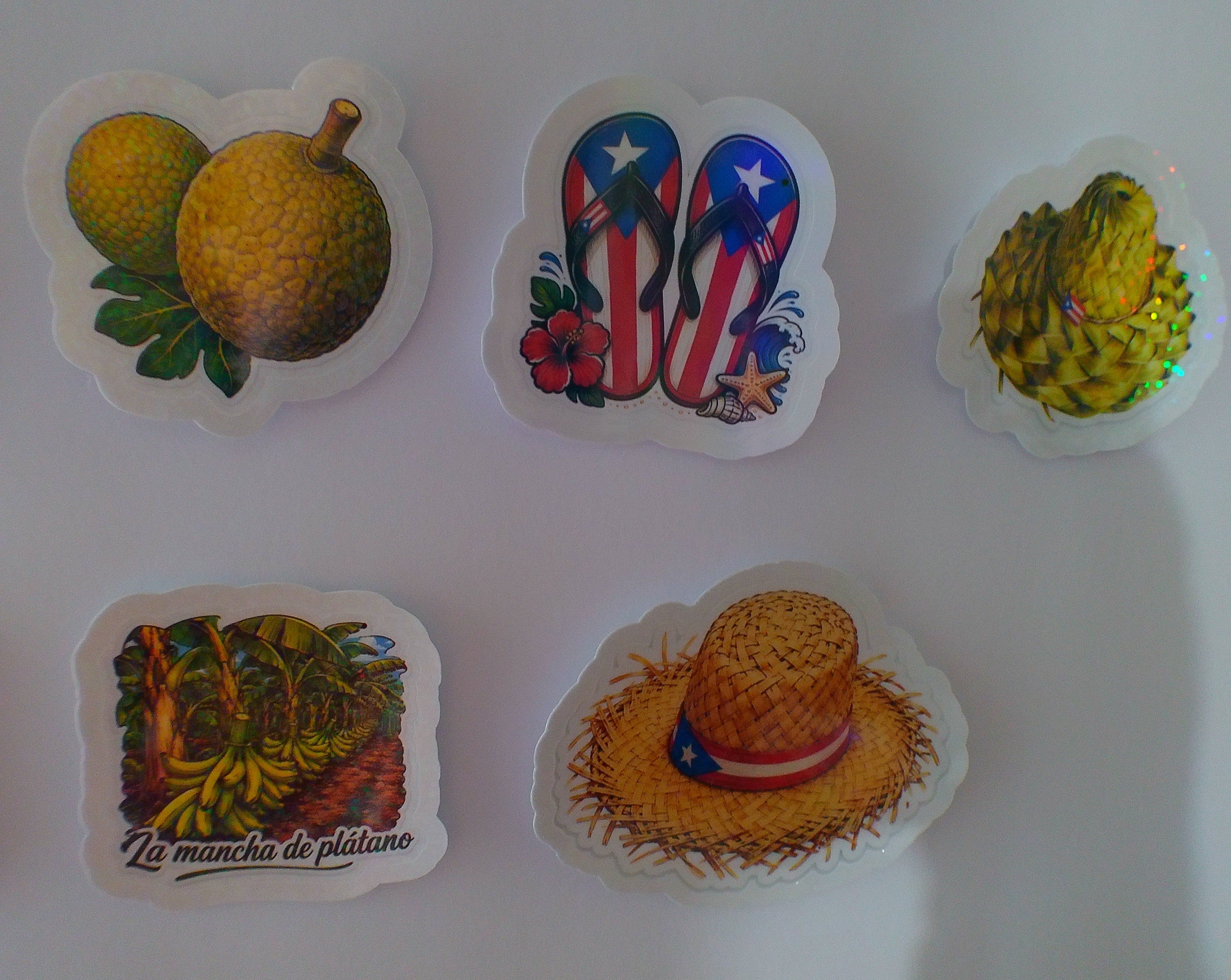 Medium Boricua holographic stickers - lifestyle flat lay