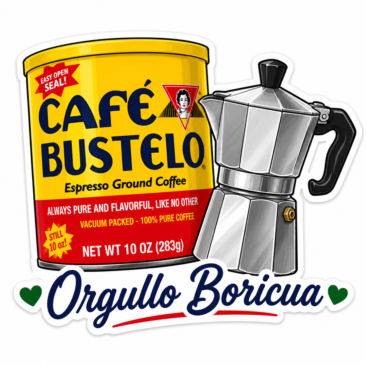 Café Bustelo Orgullo Boricua sticker - Café Bustelo can with moka pot