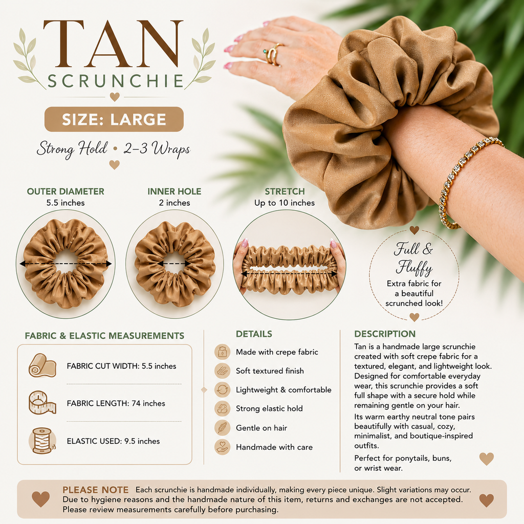 Tan Crepe Fabric Scrunchie | Handmade Medium Large Hair Scrunchie | Neutral Boutique Hair Accessory
