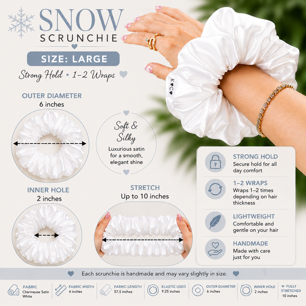 Snow Large Satin Scrunchie Oversized White Hair Tie Handmade Luxury Ponytail Holder Soft Hair Accessory