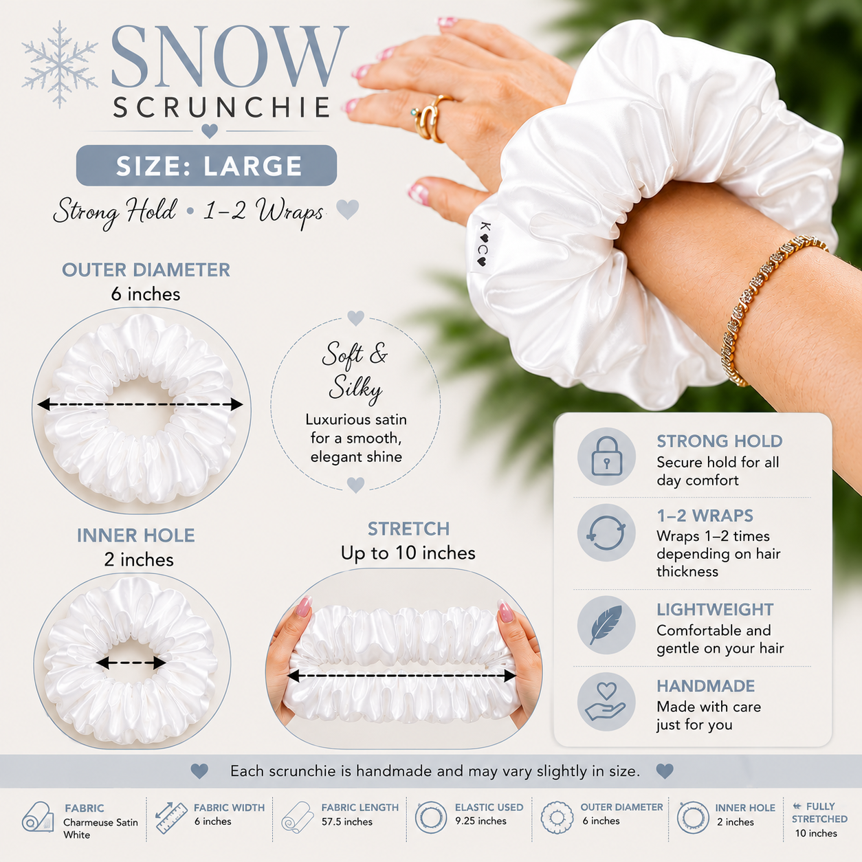Snow Large Satin Scrunchie Oversized White Hair Tie Handmade Luxury Ponytail Holder Soft Hair Accessory