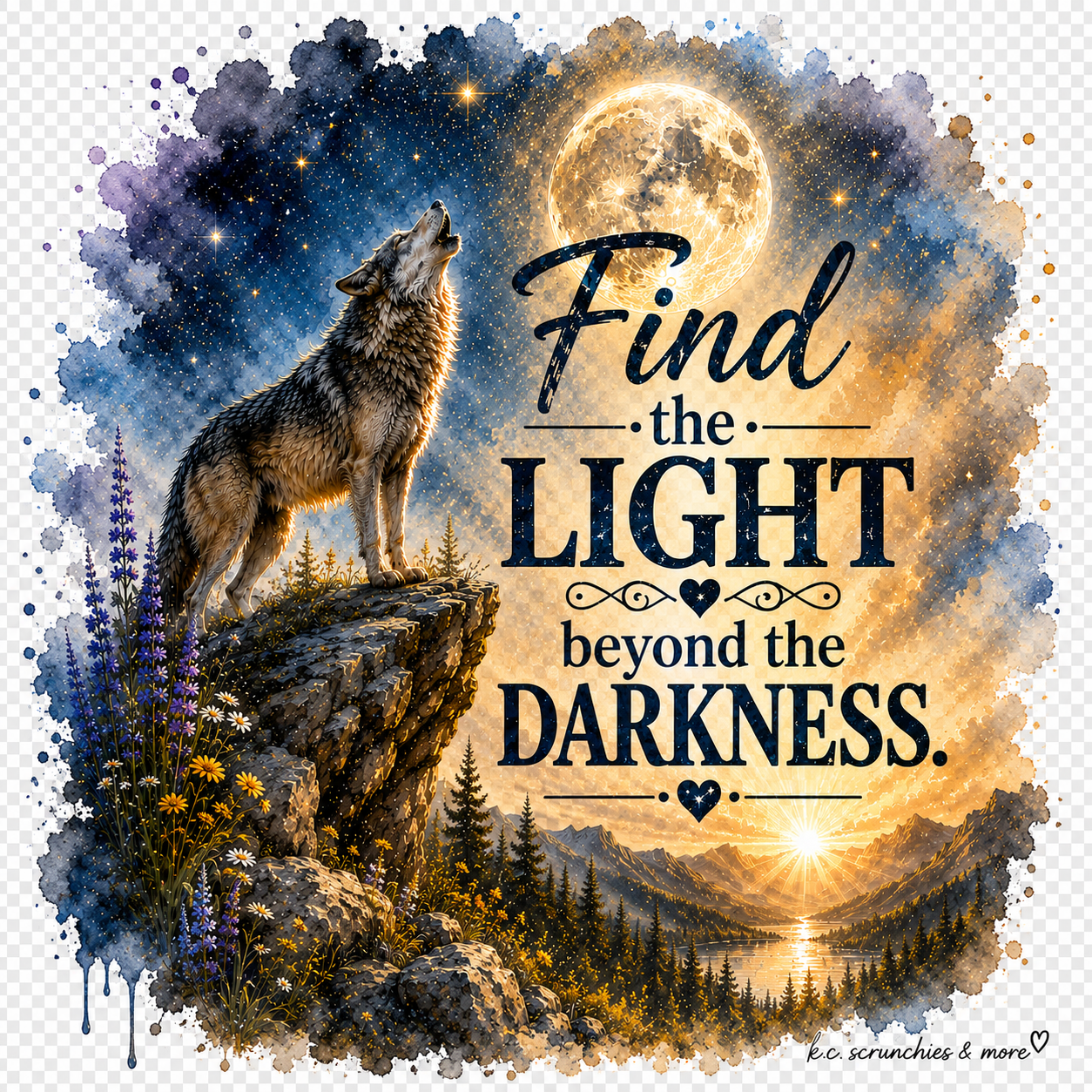 Find the Light Beyond the Darkness wolf and moon artwork by K.C. Scrunchies & More
