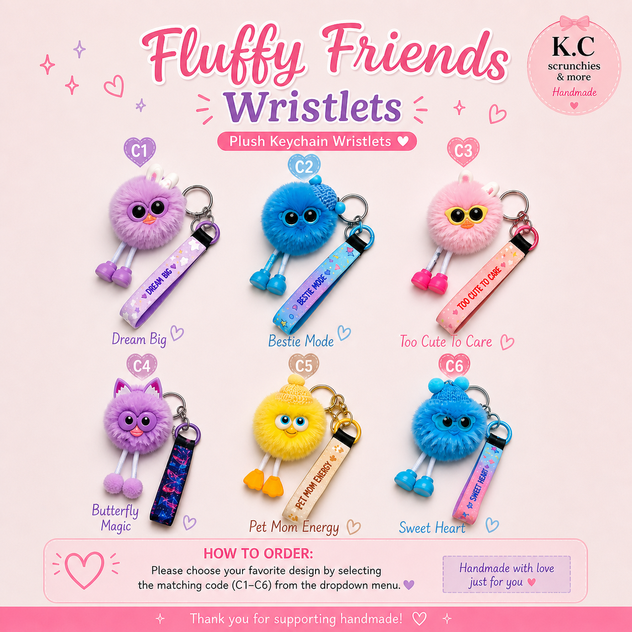 "Too Cute To Care" Plush Buddy Wristlet Keychain