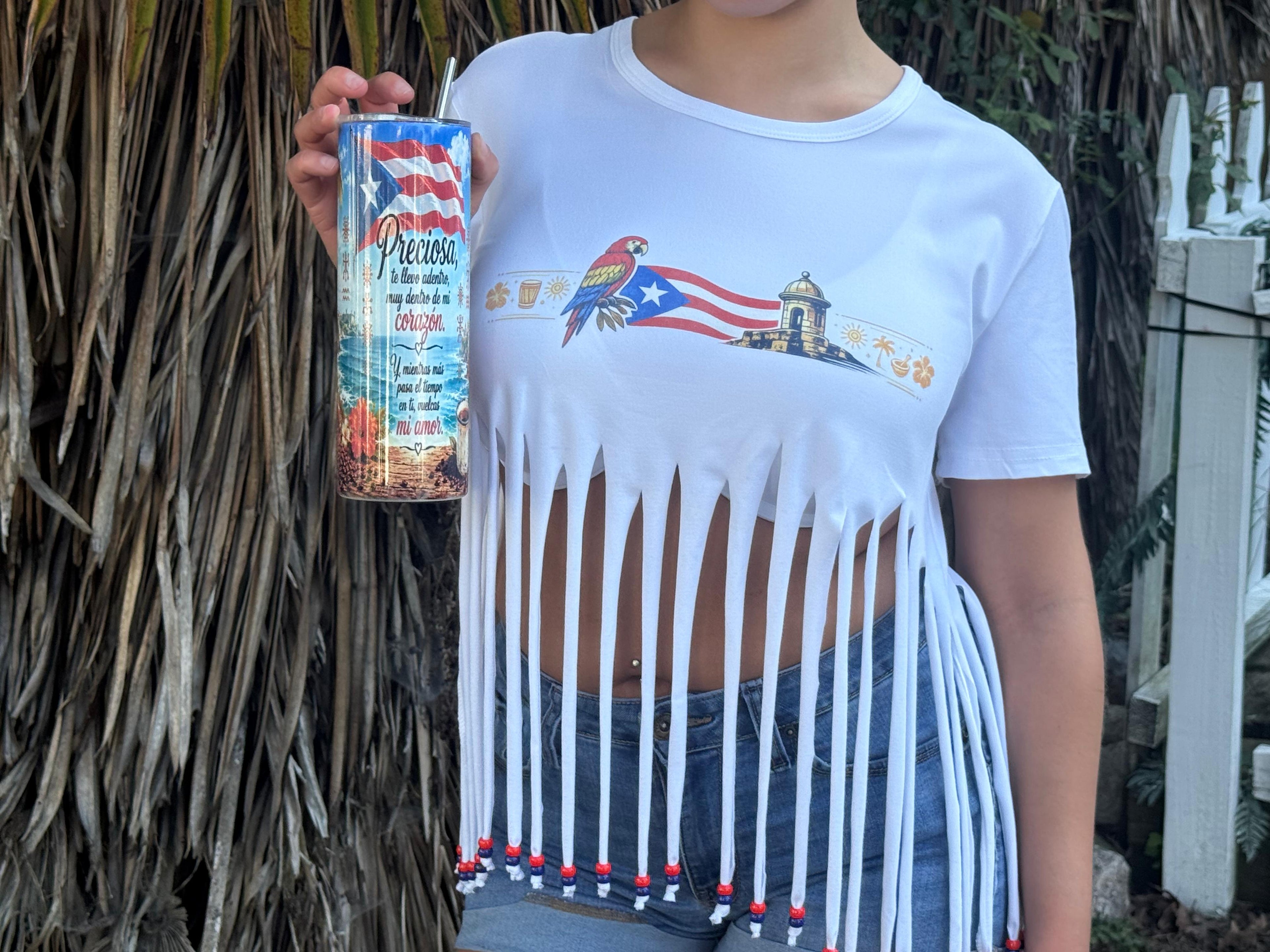 Preciosa Boricua Tumbler - lifestyle shot held by model wearing Boricua-inspired fringe shirt
