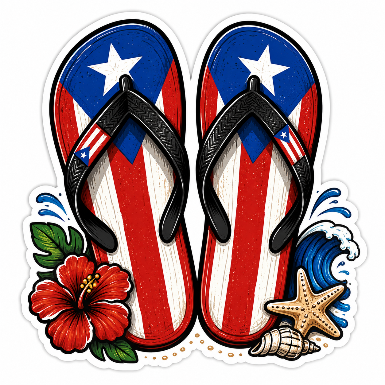 Puerto Rican Beach Vibes sticker - flip flops with PR flag, hibiscus and ocean waves