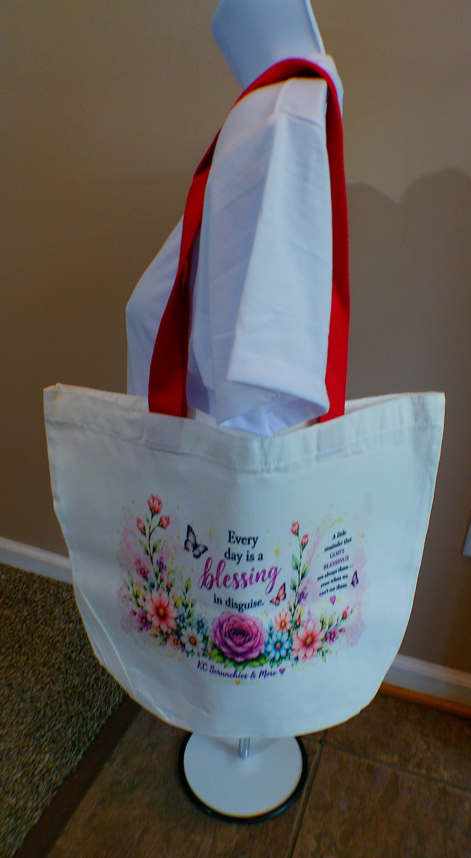 Every Day is a Blessing tote bag — white canvas with red handles