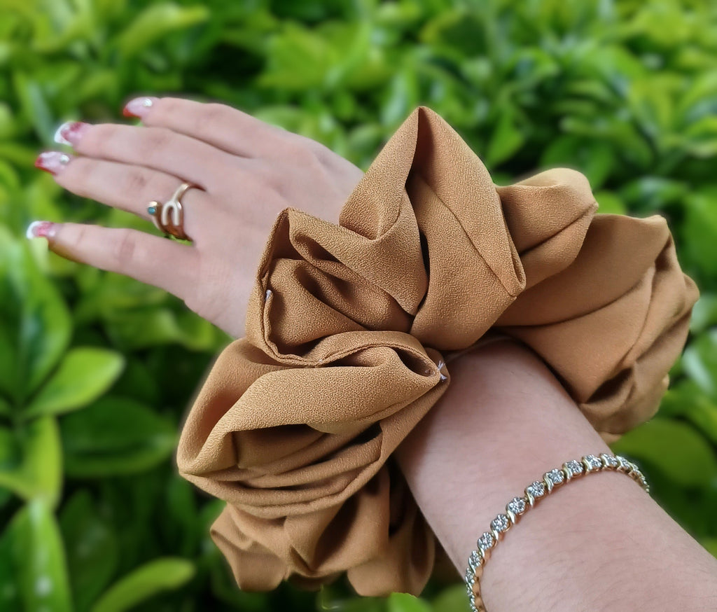 Tan Crepe Fabric Scrunchie | Handmade Medium Large Hair Scrunchie | Neutral Boutique Hair Accessory